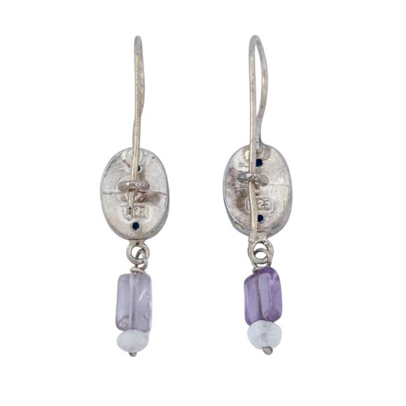Estate Sterling Silver 925 Mosaic Glass Amethyst Quartz Earrings - Picture 4 of 7